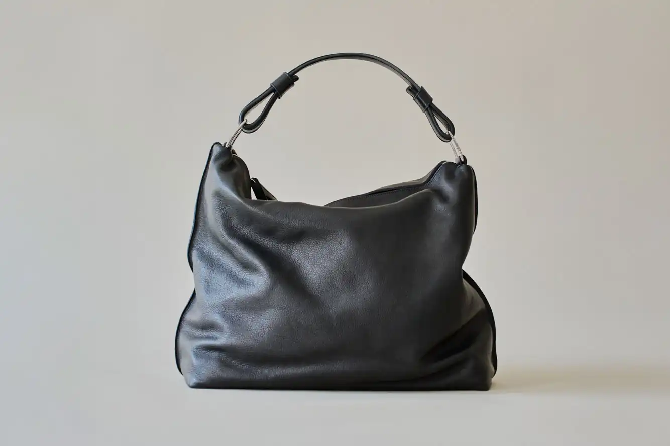Schwarze handgefertigte Ledertasche von Maren Dessel – Beauty Shot